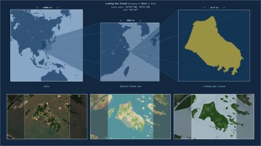 Doğu Çin Denizi 'nde Çin' e ait Liuheng Dao Adası. Adanın sarı şekli ve çevresinin örnek haritalarıyla tanımlanmış konum diyagramı.