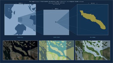 Ile Longue in the Indian Ocean - belonging to French Southern and Antarctic Lands. Described location diagram with yellow shape of the island and sample maps of its surroundings clipart