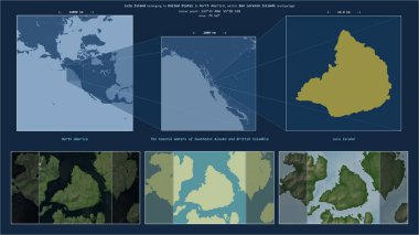 Güneydoğu Alaska 'nın Sahil Suları' ndaki Lulu Adası ve Amerika Birleşik Devletleri 'ne ait British Columbia. Adanın sarı şekli ve çevresinin örnek haritalarıyla tanımlanmış konum diyagramı.