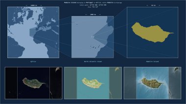 Portekiz 'e ait Kuzey Atlantik Okyanusu' ndaki Madeira Adası. Adanın sarı şekli ve çevresinin örnek haritalarıyla tanımlanmış konum diyagramı.