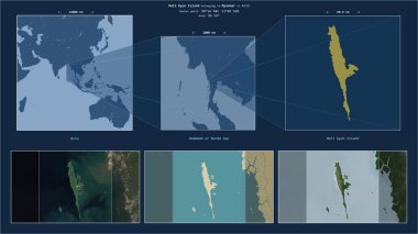 Andaman 'daki Mali Kyun Adası ya da Myanmar' a ait Burma Denizi. Adanın sarı şekli ve çevresinin örnek haritalarıyla tanımlanmış konum diyagramı.