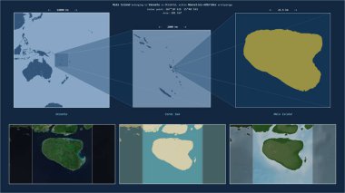 Vanuatu 'ya ait Mercan Denizi' ndeki Malo Adası. Adanın sarı şekli ve çevresinin örnek haritalarıyla tanımlanmış konum diyagramı.