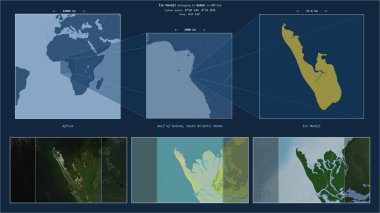 Ile Mandji in the Gulf of Guinea - belonging to Gabon. Described location diagram with yellow shape of the island and sample maps of its surroundings clipart