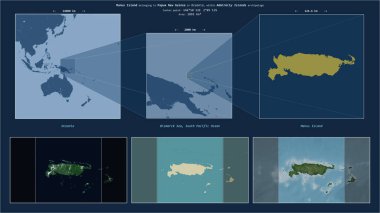 Bismarck Denizi 'ndeki Manus Adası Papua Yeni Gine' ye ait. Adanın sarı şekli ve çevresinin örnek haritalarıyla tanımlanmış konum diyagramı.