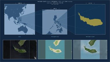 Maricaban Island in the Philippine Sea - belonging to Philippines. Described location diagram with yellow shape of the island and sample maps of its surroundings clipart