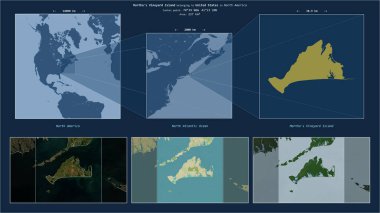 Amerika Birleşik Devletleri 'ne ait Kuzey Atlantik Okyanusu' ndaki Martha 's Vineyard Adası. Adanın sarı şekli ve çevresinin örnek haritalarıyla tanımlanmış konum diyagramı.