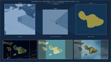 Kuzey Pasifik Okyanusu 'ndaki Maui Adası. Amerika Birleşik Devletleri' ne ait. Adanın sarı şekli ve çevresinin örnek haritalarıyla tanımlanmış konum diyagramı.