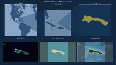 Mayaguana Island in the North Atlantic Ocean - belonging to Bahamas. Described location diagram with yellow shape of the island and sample maps of its surroundings clipart