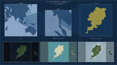 Andaman 'daki Kyun Me Gyi Adası ya da Burma Denizi - Myanmar' a ait. Adanın sarı şekli ve çevresinin örnek haritalarıyla tanımlanmış konum diyagramı.