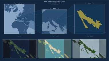 Melada Island in the Adriatic Sea - belonging to Croatia. Described location diagram with yellow shape of the island and sample maps of its surroundings clipart