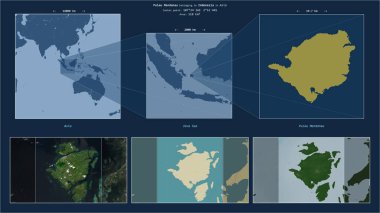 Pulau Mendanau in the Java Sea - belonging to Indonesia. Described location diagram with yellow shape of the island and sample maps of its surroundings clipart