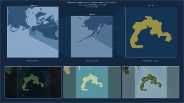 Alaska Körfezi 'ndeki Mitrofania Adası. Amerika Birleşik Devletleri' ne ait. Adanın sarı şekli ve çevresinin örnek haritalarıyla tanımlanmış konum diyagramı.