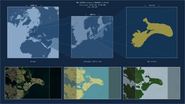 Kattegat 'taki Mn Adası. Danimarka' ya ait. Adanın sarı şekli ve çevresinin örnek haritalarıyla tanımlanmış konum diyagramı.
