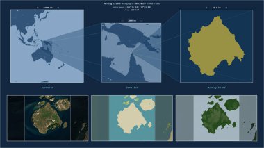 Muralug Island in the Coral Sea - belonging to Australia. Described location diagram with yellow shape of the island and sample maps of its surroundings clipart