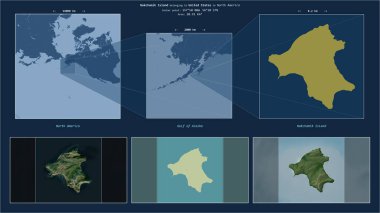 Alaska Körfezi 'ndeki Nakchamik Adası. Amerika Birleşik Devletleri' ne ait. Adanın sarı şekli ve çevresinin örnek haritalarıyla tanımlanmış konum diyagramı.