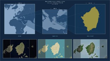 Yunanistan 'a ait Ege Denizi' ndeki Naxos Adası. Adanın sarı şekli ve çevresinin örnek haritalarıyla tanımlanmış konum diyagramı.