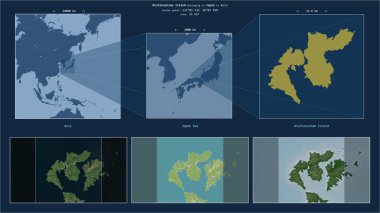 Japonya Denizi 'ndeki Nishinoshima Adası. Japonya' ya ait. Adanın sarı şekli ve çevresinin örnek haritalarıyla tanımlanmış konum diyagramı.