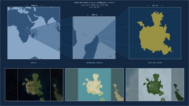 Madagaskar 'a ait Mozambik Kanalı' ndaki Nossi-Be Adası. Adanın sarı şekli ve çevresinin örnek haritalarıyla tanımlanmış konum diyagramı.