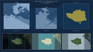 Bering Denizi 'ndeki Nunivak Adası. Amerika Birleşik Devletleri' ne ait. Adanın sarı şekli ve çevresinin örnek haritalarıyla tanımlanmış konum diyagramı.