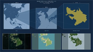 Güney Kore 'ye ait Japonya Denizi' ndeki Oenarodo Adası. Adanın sarı şekli ve çevresinin örnek haritalarıyla tanımlanmış konum diyagramı.