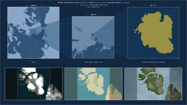 October Revolution Island in the Kara Sea - belonging to Russia. Described location diagram with yellow shape of the island and sample maps of its surroundings clipart