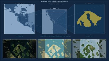 Orcas Island in the The Coastal Waters of Southeast Alaska and British Columbia - belonging to United States. Described location diagram with yellow shape of the island and sample maps of its surroundings clipart