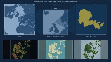 Kuzey Denizi 'ndeki Orkney Ana Adası. Birleşik Krallık' a ait. Adanın sarı şekli ve çevresinin örnek haritalarıyla tanımlanmış konum diyagramı.