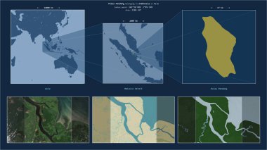 Pulau Pandang in the Malacca Strait - belonging to Indonesia. Described location diagram with yellow shape of the island and sample maps of its surroundings clipart