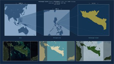 Filipinler 'deki Patnanongan Adası. Filipinler' e ait. Adanın sarı şekli ve çevresinin örnek haritalarıyla tanımlanmış konum diyagramı.