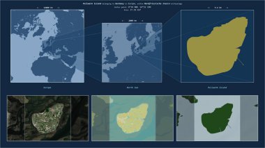 Kuzey Denizi 'ndeki Pellworm Adası. Almanya' ya ait. Adanın sarı şekli ve çevresinin örnek haritalarıyla tanımlanmış konum diyagramı.