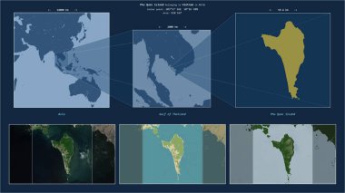 Phu Quoc Island in the Gulf of Thailand - belonging to Vietnam. Described location diagram with yellow shape of the island and sample maps of its surroundings clipart