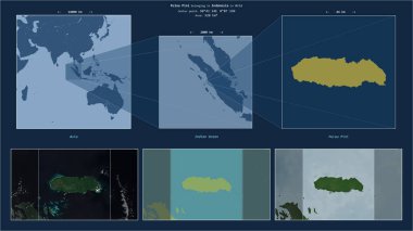 Hint Okyanusu 'ndaki Pulau Pini. Endonezya' ya ait. Adanın sarı şekli ve çevresinin örnek haritalarıyla tanımlanmış konum diyagramı.