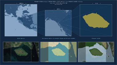 Güneydoğu Alaska 'nın Sahil Suları' ndaki Pleasant Adası ve Amerika Birleşik Devletleri 'ne ait British Columbia. Adanın sarı şekli ve çevresinin örnek haritalarıyla tanımlanmış konum diyagramı.