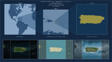 Puerto Rico Island in the Caribbean Sea - belonging to United States. Described location diagram with yellow shape of the island and sample maps of its surroundings clipart