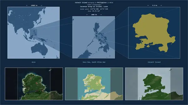 stock image Calauit Island in the Sulu Sea - belonging to Philippines. Described location diagram with yellow shape of the island and sample maps of its surroundings