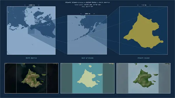 stock image Chiachi Island in the Gulf of Alaska - belonging to United States. Described location diagram with yellow shape of the island and sample maps of its surroundings