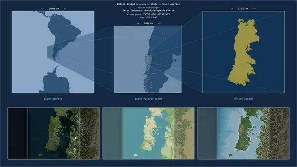 stock image Chiloe Island in the South Pacific Ocean - belonging to Chile. Described location diagram with yellow shape of the island and sample maps of its surroundings