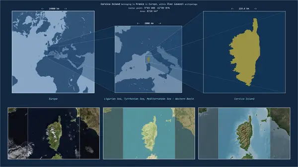 stock image Corsica Island in the Ligurian Sea - belonging to France. Described location diagram with yellow shape of the island and sample maps of its surroundings