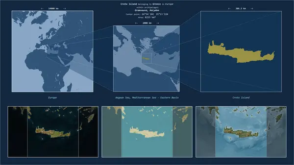 stock image Crete Island in the Aegean Sea - belonging to Greece. Described location diagram with yellow shape of the island and sample maps of its surroundings