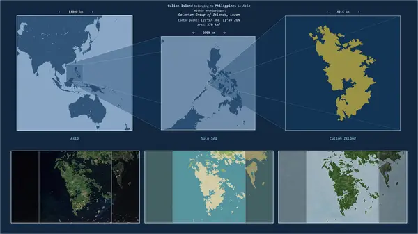 stock image Culion Island in the Sulu Sea - belonging to Philippines. Described location diagram with yellow shape of the island and sample maps of its surroundings