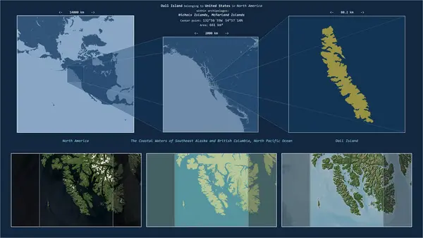 stock image Dall Island in the North Pacific Ocean - belonging to United States. Described location diagram with yellow shape of the island and sample maps of its surroundings