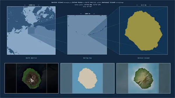 stock image Gareloi Island in the Bering Sea - belonging to United States. Described location diagram with yellow shape of the island and sample maps of its surroundings