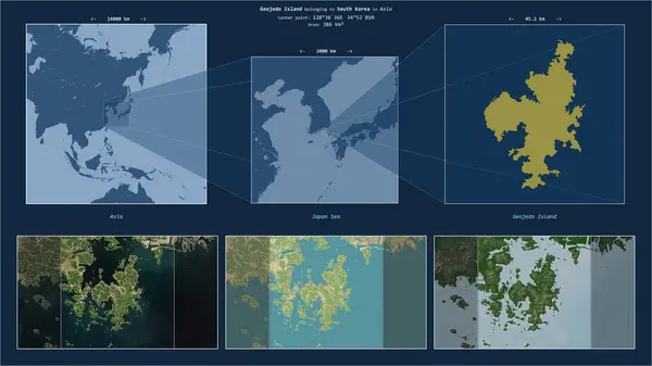 stock image Geojedo Island in the Japan Sea - belonging to South Korea. Described location diagram with yellow shape of the island and sample maps of its surroundings