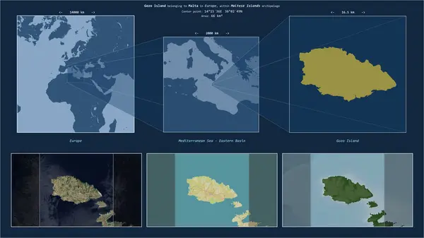 stock image Gozo Island in the Mediterranean Sea - Eastern Basin - belonging to Malta. Described location diagram with yellow shape of the island and sample maps of its surroundings