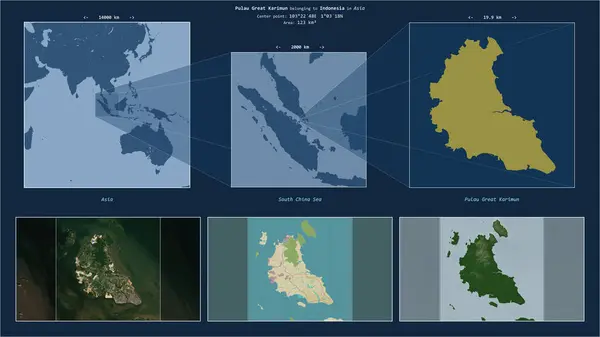 stock image Pulau Great Karimun in the South China Sea - belonging to Indonesia. Described location diagram with yellow shape of the island and sample maps of its surroundings