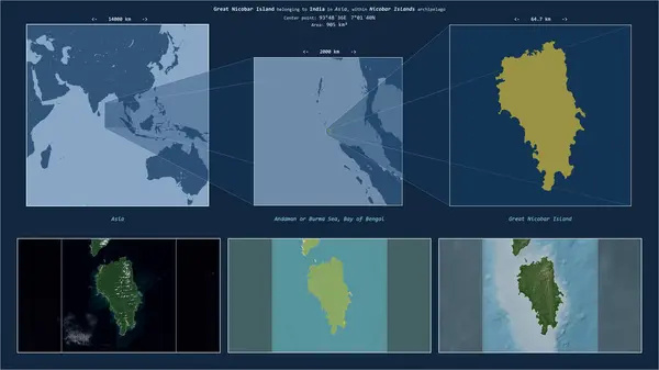 stock image Great Nicobar Island in the Bay of Bengal - belonging to India. Described location diagram with yellow shape of the island and sample maps of its surroundings