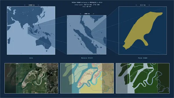 stock image Pulau Indah in the Malacca Strait - belonging to Malaysia. Described location diagram with yellow shape of the island and sample maps of its surroundings