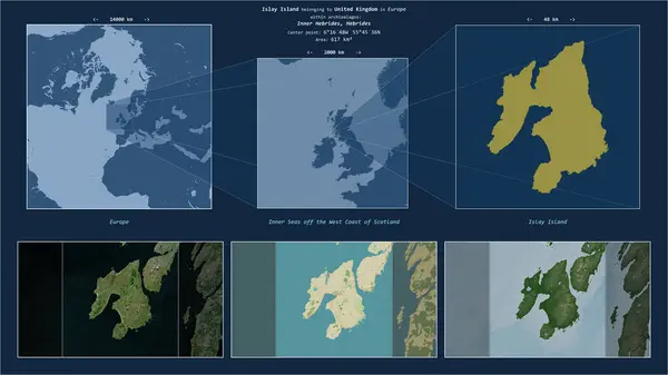 stock image Islay Island in the Inner Seas off the West Coast of Scotland - belonging to United Kingdom. Described location diagram with yellow shape of the island and sample maps of its surroundings