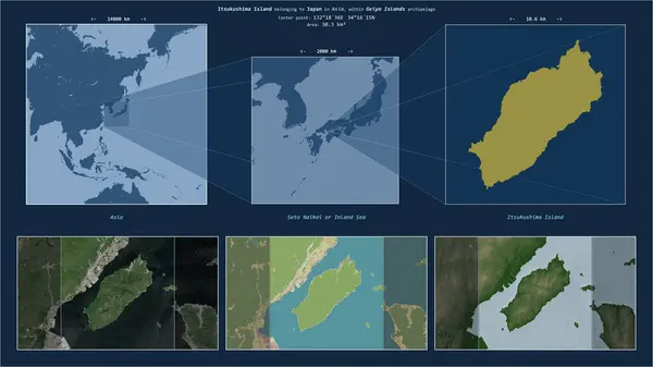 stock image Itsukushima Island in the Seto Naikai or Inland Sea - belonging to Japan. Described location diagram with yellow shape of the island and sample maps of its surroundings