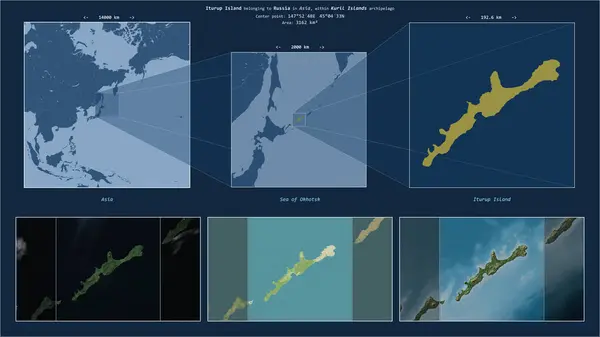 stock image Iturup Island in the Sea of Okhotsk - belonging to Russia. Described location diagram with yellow shape of the island and sample maps of its surroundings